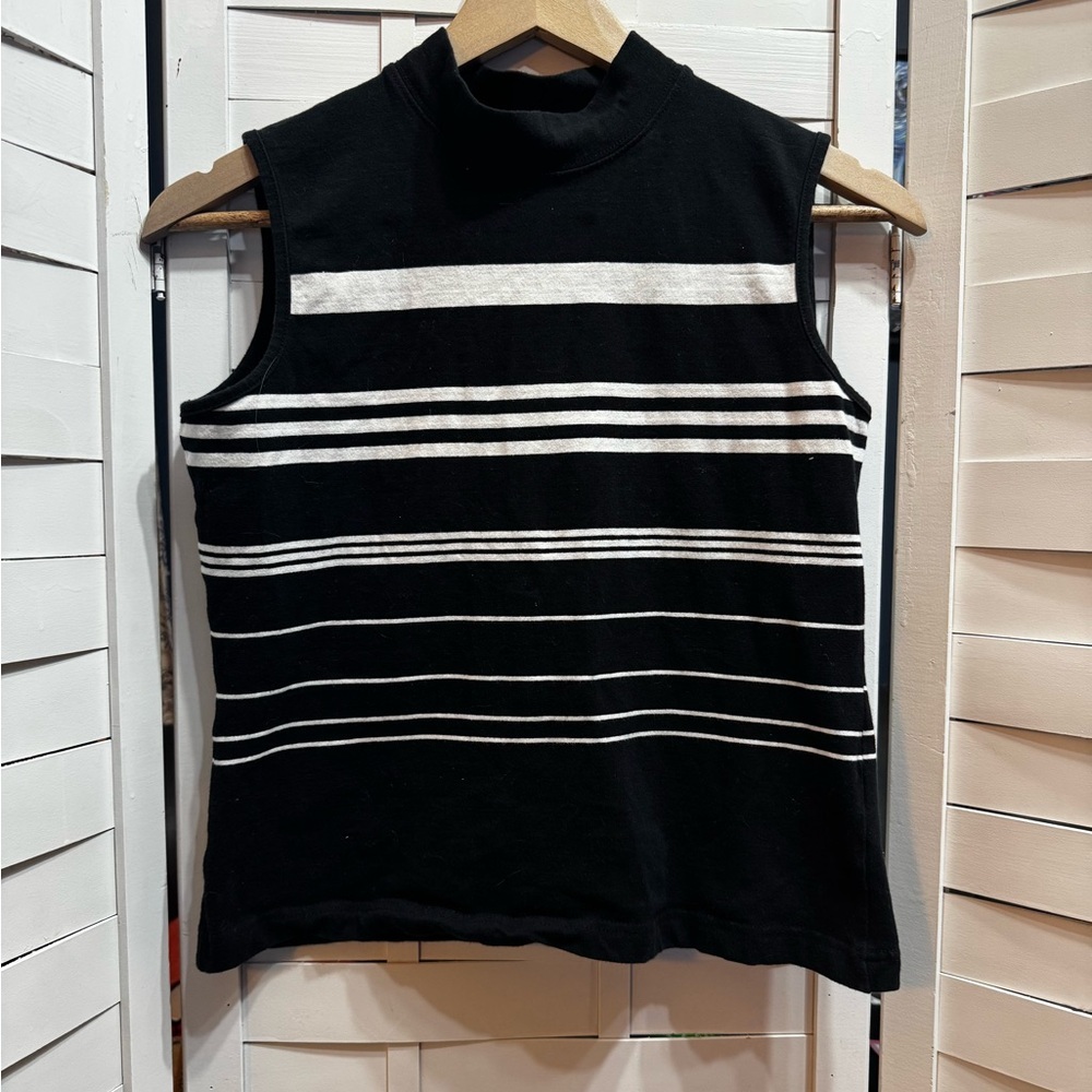Casual Corner Black & White Striped Sleeveless Mock Neck Top